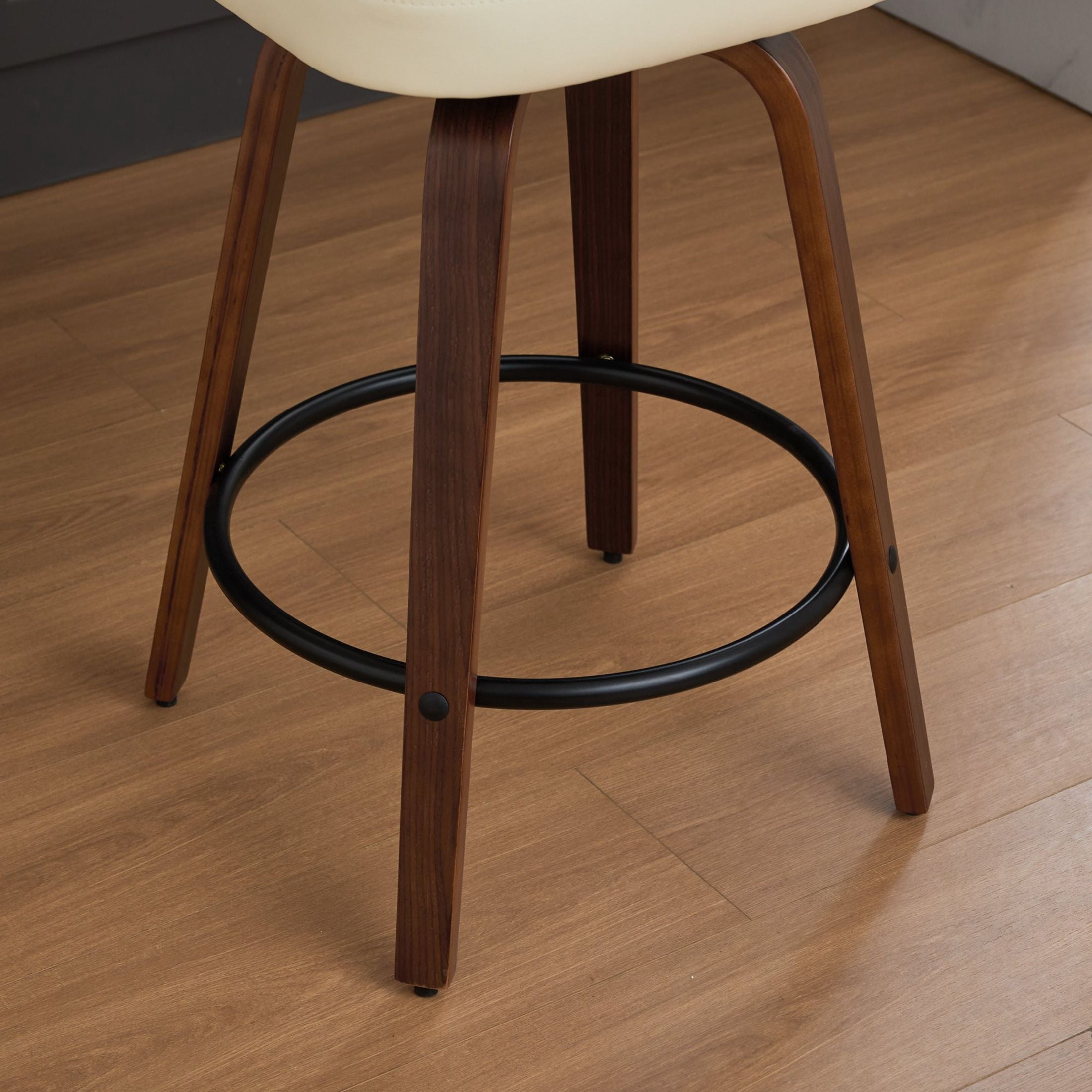 Noble House Set of 2 Swivel Bar Stools, Faux Leather Seat, Bentwood Frame, Walnut + Beige