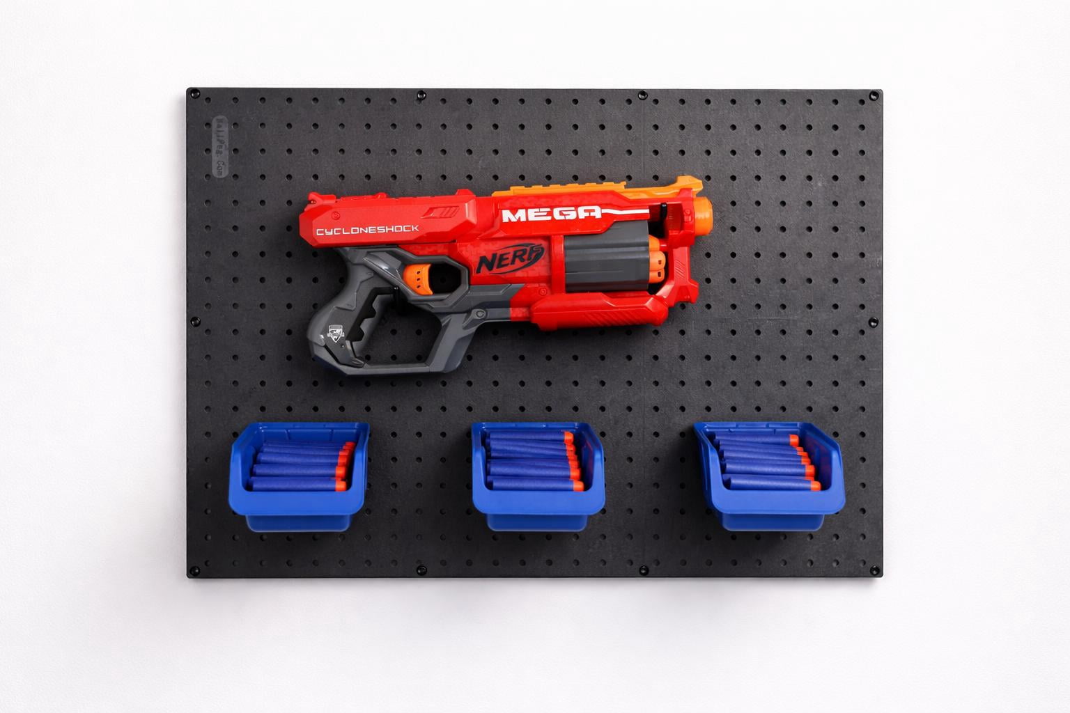 WallPeg Nerf Organizer Accessory Kit – 6 Large Cobalt Blue Pegboard Bins Ammo Storage & 20 Jumbo Peg Hooks for Mounting Nerf Blasters