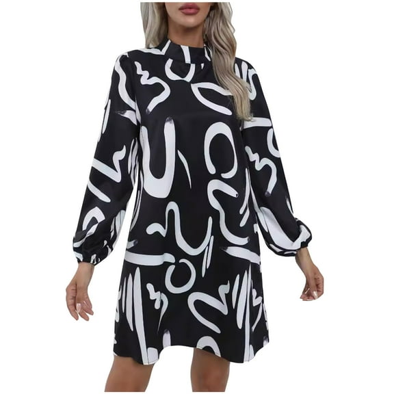 Sakmal Graphic Dresses for Women 2024 Casual Spring Pleated Comfort Fit Long Sleeve Black Mid-Length Shift Dress
