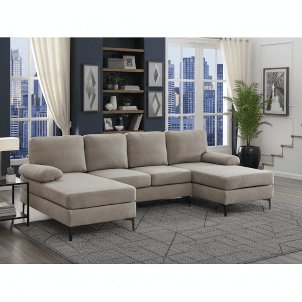 Howcool 106" U-Shaped Sectional Sofa, 4 Seat Modular Couch with Double Chaise, Polyester Blend Upholstered Modern Living Room Furniture with Metal Legs, Khaki(Thick Sponge)