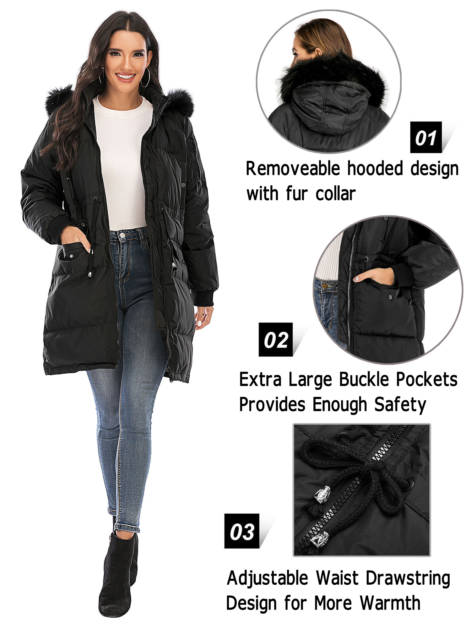 LELINTA Women Winter Plus Size Long Hoodie Coat Warm Jacket Zipper Parka Overcoats Raincoat Active Outdoor Trench Coat - image 2 of 7
