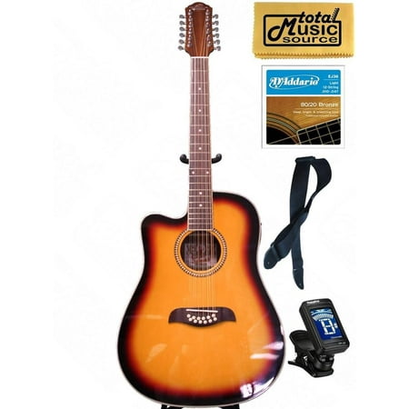 Oscar Schmidt 12 String Oscar Schmidt LEFT HAND 12-String A/E Guitar, Active EQ, Sunburst, Bundle OD312CETSLH PACK2 ()