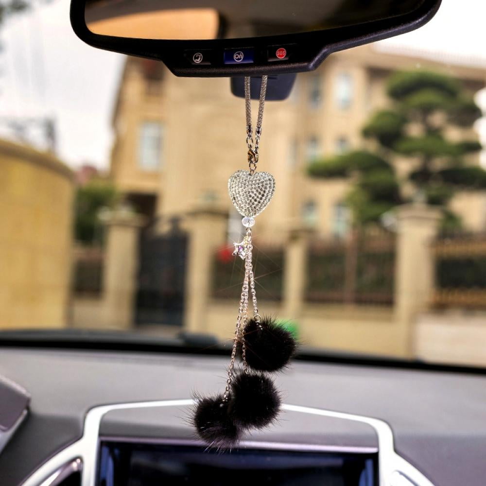 Bling Car Accessories for Women ＆ Men Bling White Heart and Black Fuzzy  Drops Bling Rinestones Diamond Car Accessories Crystal Car Rear View Mirror