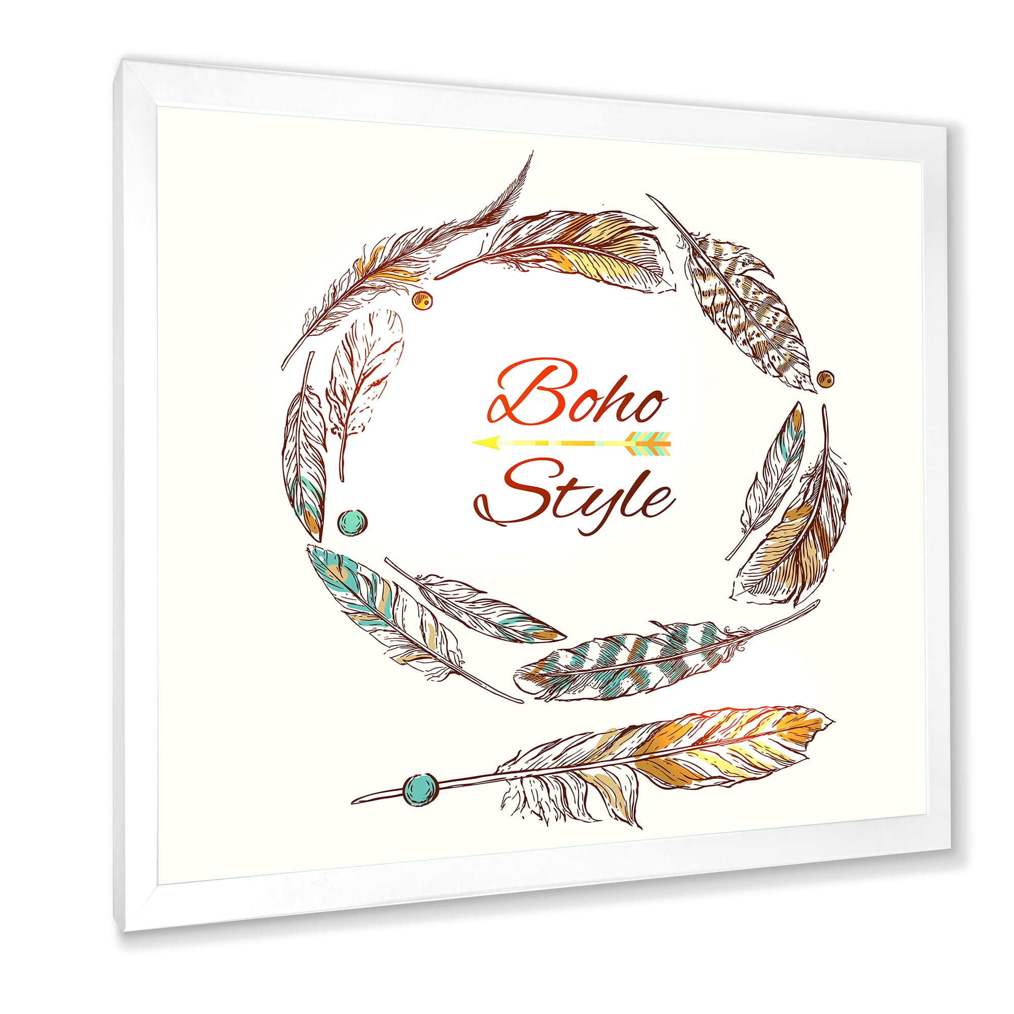 Designart 'Wreath Of Ethnic Beige Boho Feather' Bohemian & Eclectic Framed Art Print