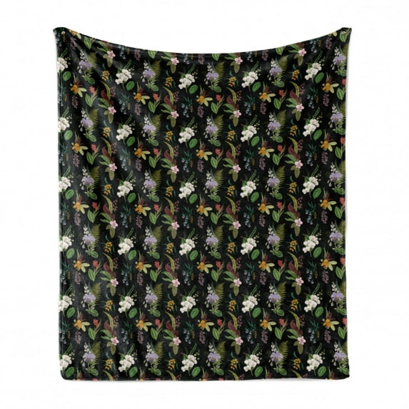Flower Soft Flannel Fleece Blanket, Exotic Nature Composition Botanical Elements Fern Leaves Blossoms Pattern, Cozy Plush for Indoor and Outdoor Use, 70" x 90", Black and Multicolor, by Ambesonne