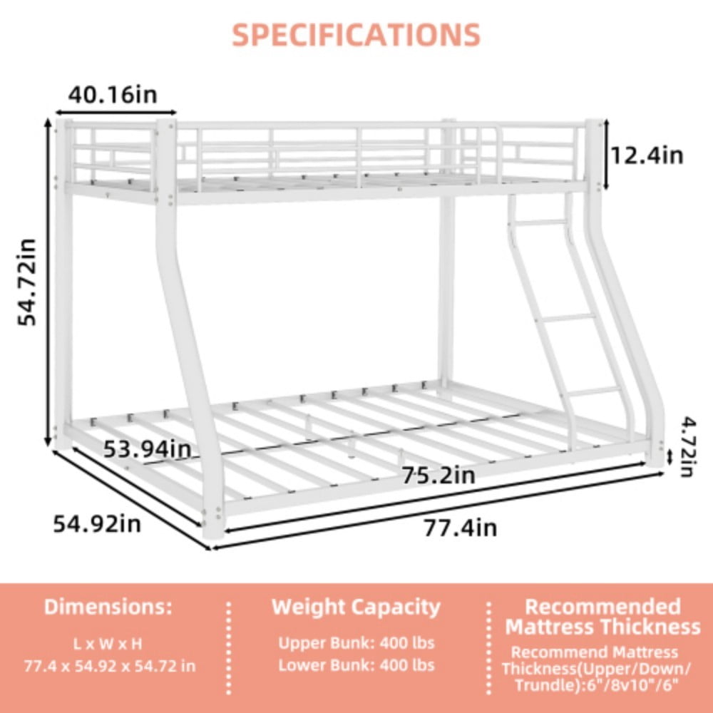Twin Over Full Metal Bunk Bed, Heavy Duty Frame with Removable Ladder, Full-Length Guardrails, 12" Under-Bed Storage, No Box Spring, White