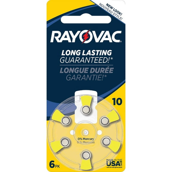 Rayovac Size 10 Hearing Aid Battery Mercury Free Batteries, 6-Pack, L10ZA-6ZM4B
