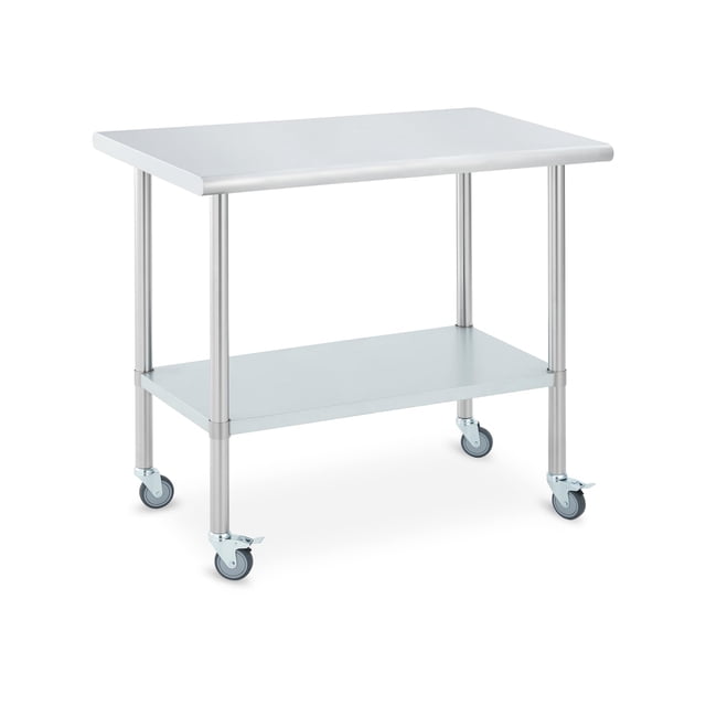 Table de Préparation en Acier Inoxydable 24x48 Pouces avec Roulettes, Table de Travail Mobile Commerciale Robuste avec Étagère Réglable et 4 Roulettes Verrouillables pour Restaurant, Garage, Atelier