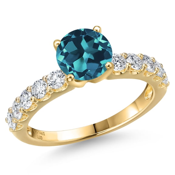 Gem Stone King 14K Yellow Gold London Blue Topaz and Lab Grown Diamond Engagement Ring for Women | 1.98 Cttw | Round 6.5MM | Gemstone November Birthstone | Size 5
