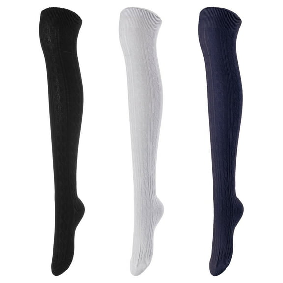 Lovely Annie Women's 3 Pairs Incredible Durable Super Soft Unique Over Knee High Thigh High Cotton Socks Size 6-9 A1024 Black,Grey,Navy