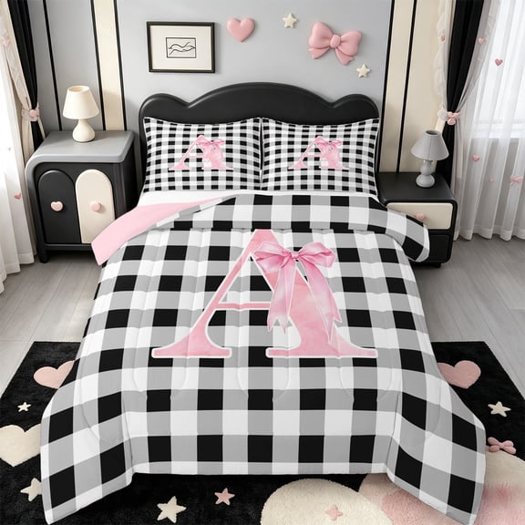 Manfei Monogrammed A Design Full Size Comforter Sets,Geometric Grid Print Bedding Comforter Set,Pink Reversible,3-Piece,1 Comforter and 2 Pillowcases
