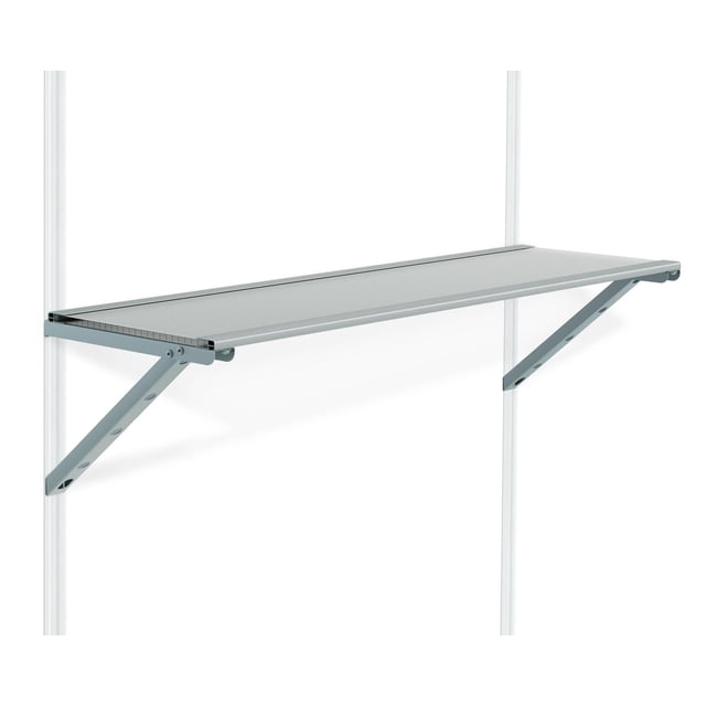 Metal utility shelf kit with flat surface and angled supports for organizing items inside Yukon storage sheds.