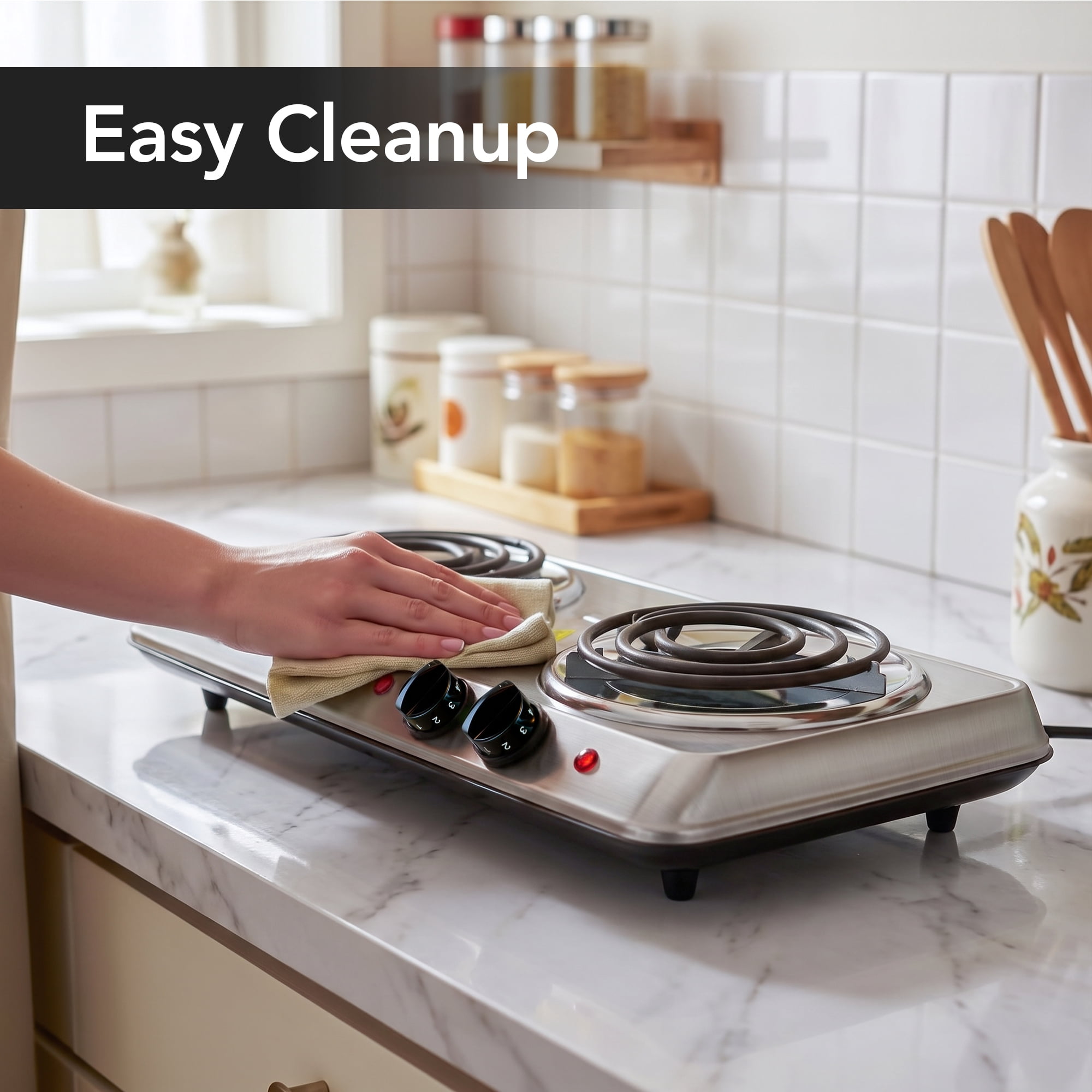 OVENTE Electric Double Burner, 1700W Coil Hot Plate, Silver BGC102S | 6" & 5.75" Portable Countertop Cooktop, Stainless Steel, 5-Level Temperature Control, Indicator Light, Easy-to-Clean, Compact