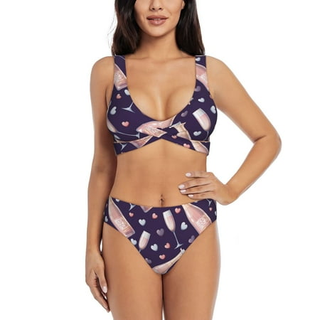 Bathing Suit For Women  Champagne Hearts High Waisted Bikini Set Bathing Suit Cross Lace Up Swimsuit