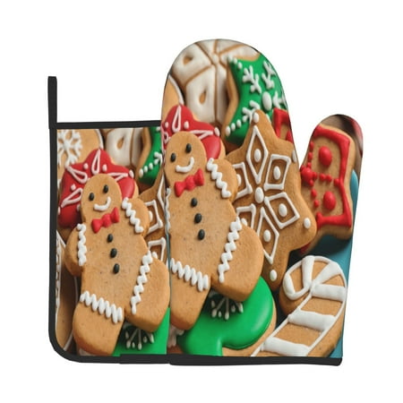 

Bingfone Christmas Cookies Print Oven Mitts Pot Holders Set 2 PCS for Kitchen for Cooking Grilling Baking BBQ Pot Holders Cook Essentials