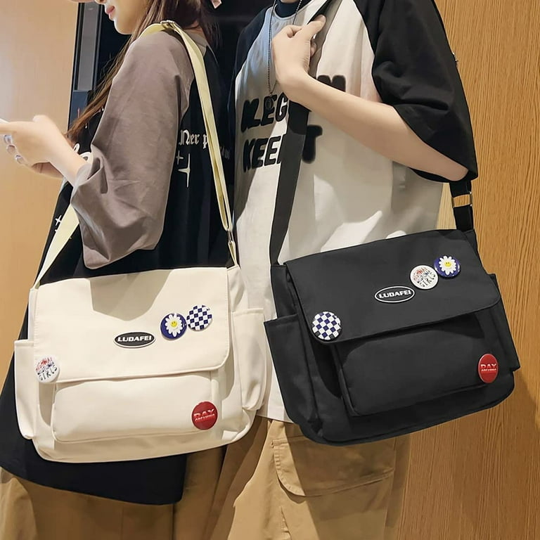 Danceemangoos Kawaii Messenger Bag for Women Cute Crossbody Bag with Kawaii Accessories School Shoulder Bags Aesthetic Tote Bag, Size: Large, Beige