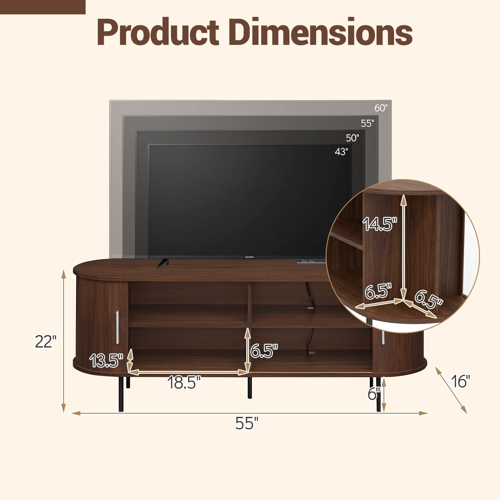 Costway Fluted TV Stand for TVs up to 60”, Mid Century Curved Entertainment Center Walnut