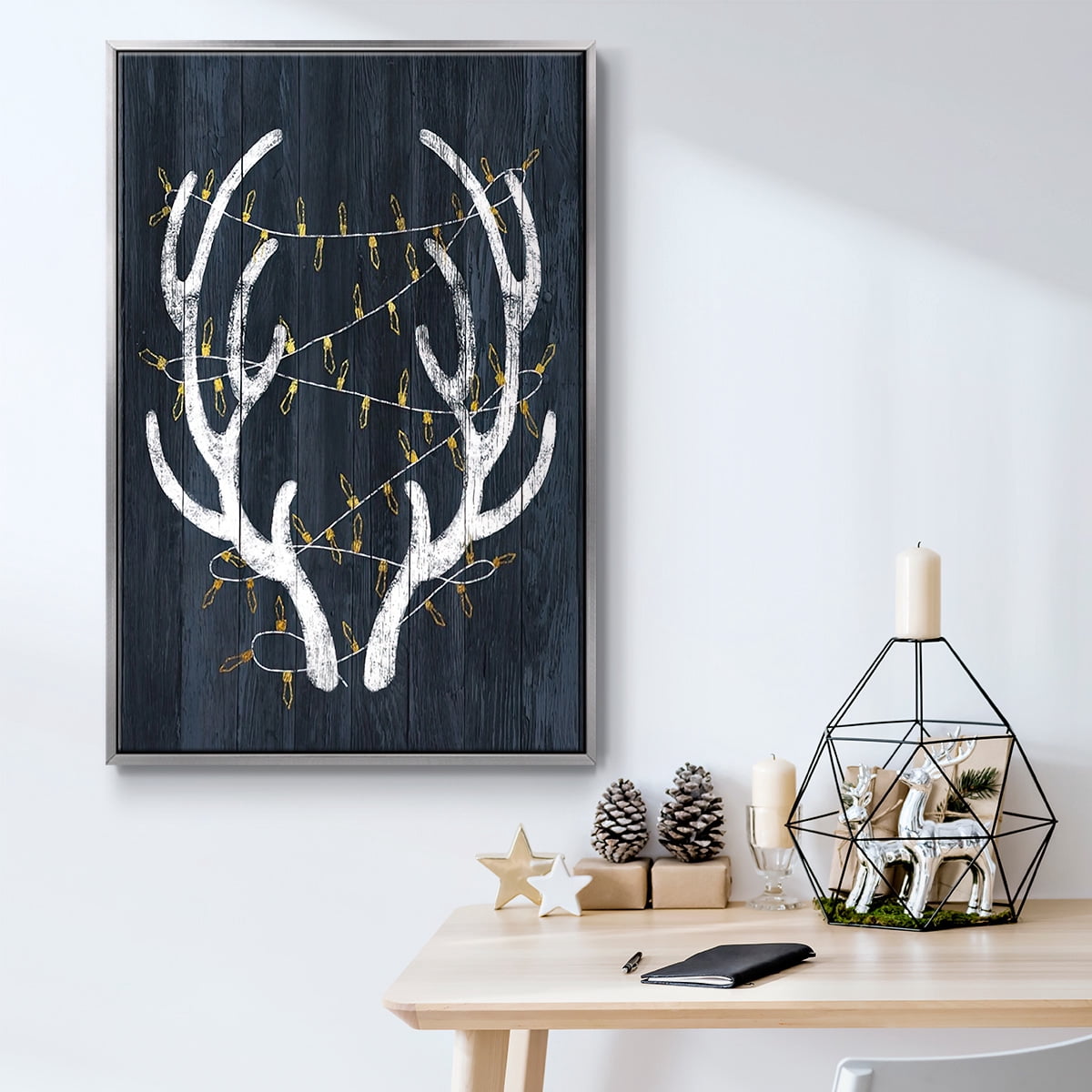 Antlers & Lights - Framed Gallery Wrapped Holiday Canvas - 17 x 25 - Silver Frame