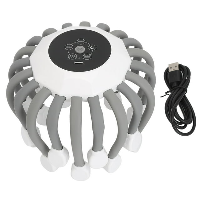 masajeador de cabeza eléctrico 5 modos 3 niveles 20 garras masaje de 360 grados rascador de cuero cabelludo con garra led infrarroja dispositivo blanco y gris, vista superior centrada con 20 puntas flexibles en forma de garra y panel táctil negro; carcasa ABS y puntas de silicona, cable USB incluido; ofrece 5 modos, 3 niveles de intensidad, temporizador de 15 min y terapia LED roja, ideal para relajación y uso portátil.