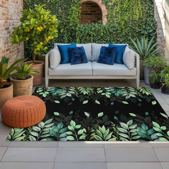 Outdoor Rug 3x5 ft Green Leaves Outdoor Large Area Rug Non Slip Rubber Pastoral Leaf Plant Black Front Door Mat RV Rug Camping Carpet Patio Outdoor Rugs for Backyard Balcony Deck Porch Indoor
