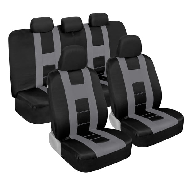 carXS Forza Series Gray on Black Car Seat Covers, Full Set Front and Rear Bench Back Seat