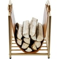 thumbnail image 4 of Modern  Tone Metal Firewood Stand with Brown Leatherette Wood Holder Sling, Wire Mesh Design and  Carrying Handles, Compact Log Splits Kindling Storage Rack, 4 of 7