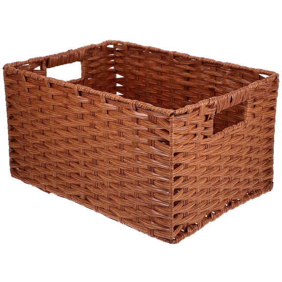 HEMOTON Double Handle Basket Desktop Large Capacity Imitation Rattan Woven Basket Sundries Container