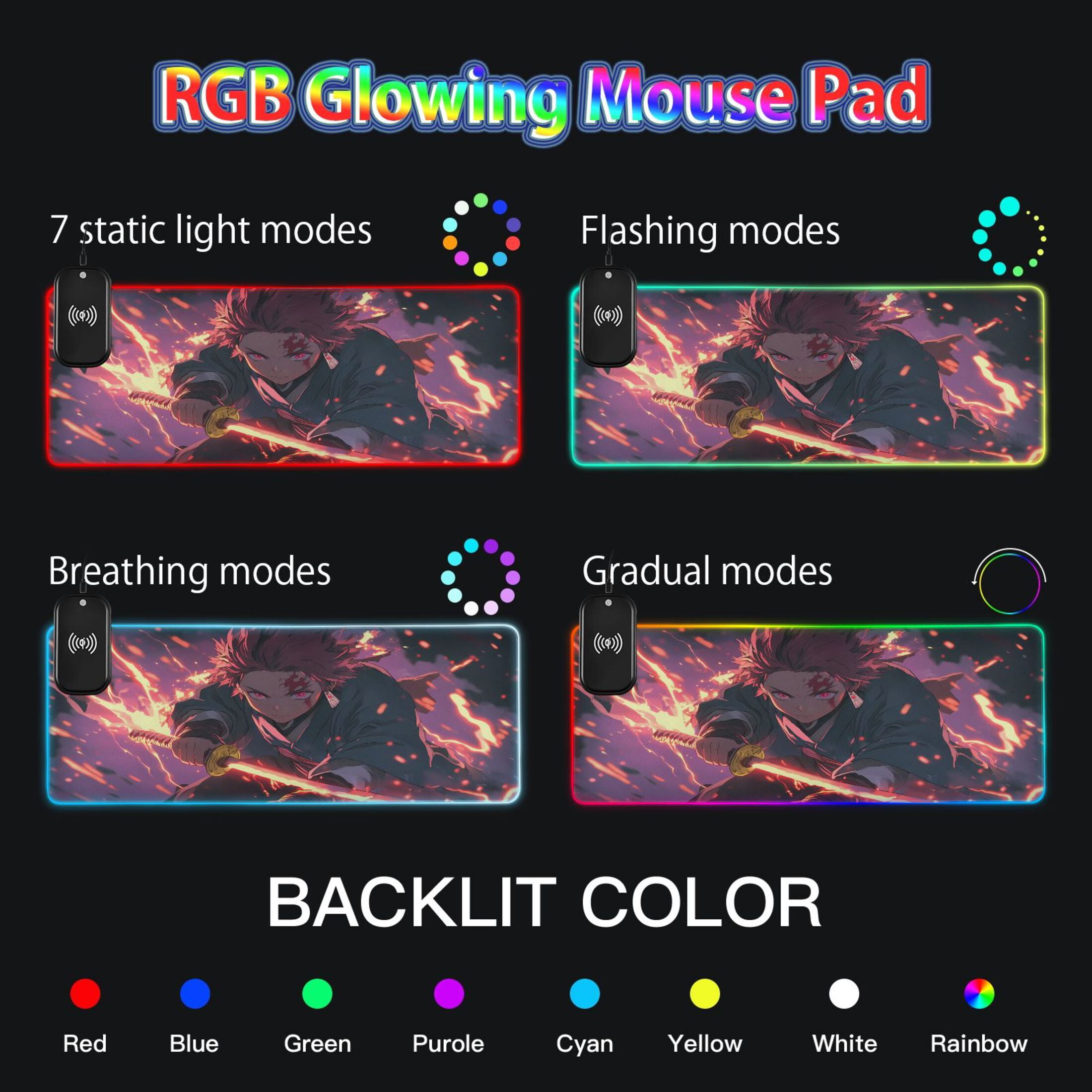 Wireless Charging Mouse Pad Large RGB Gaming Desk Mat 13 Light Modes Mousepad 31.5x11.8 Kamado Tanjirou Waving Sword