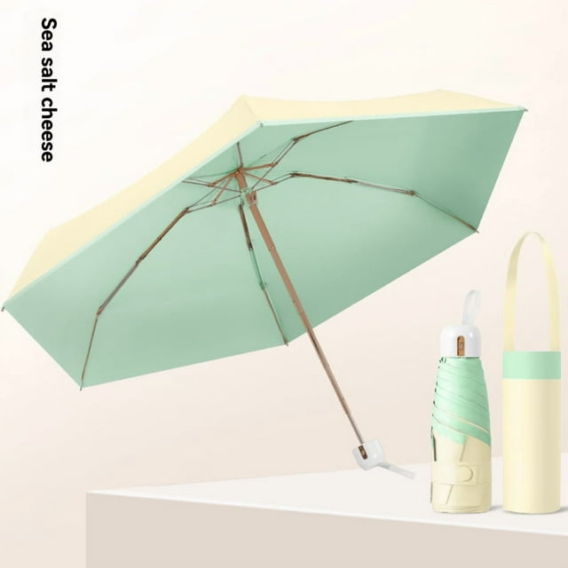 Fashionable 5-Fold 6-Rib UV Protection Sun Umbrella with Color Blocking Design, Small Fresh Chrome-Plated Handle, Lightweight 240g, Compact 5x18cm, Sea Salt Cheese (Yellow+Green) - Rain & Sun