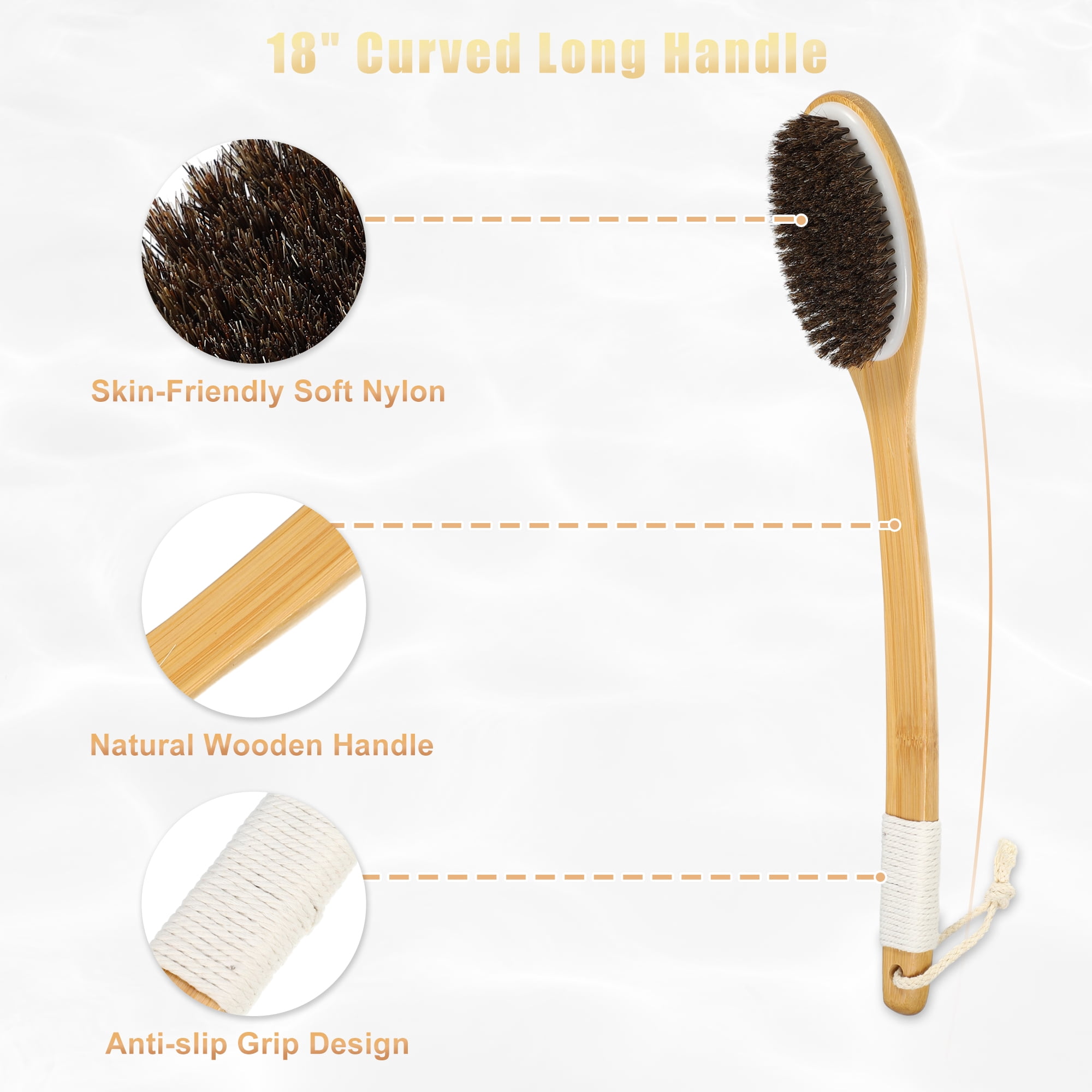 Unique Bargains Horsehair Dry Brushing Curved Long Handle Body Brush Black