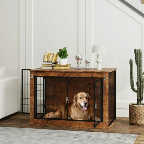 PawHut Dog Crate Furniture, 39" Dog Kennel Furniture with Flip-up Top Opening, 2 Doors, Dog Cage Side End Table for Large Dogs, Rustic Brown