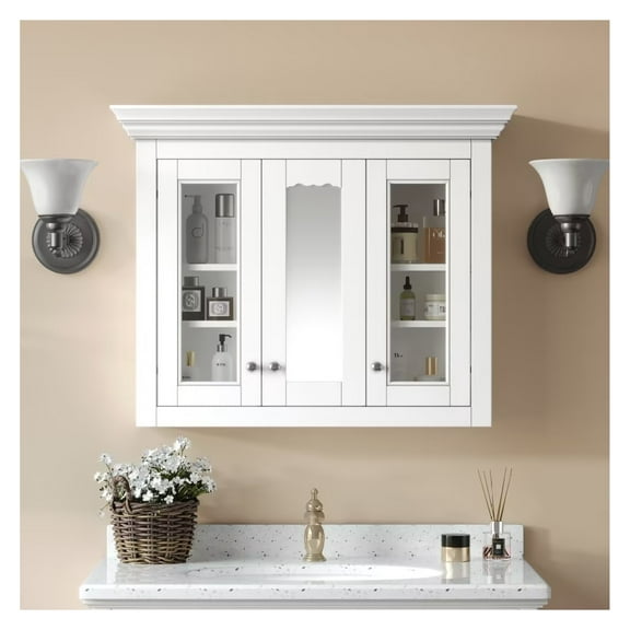 35" Bathroom Medicine Cabinet with Mirror, 5 Closed & Adjustable Shelves, Bathroom Wall Mounted Storage Cabinet with Glass Doors