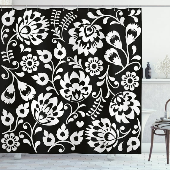 Ambesonne Folk Art Shower Curtain, Polish Botanical Motifs, 69"Wx84"L, Charcoal Grey White