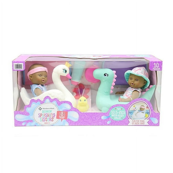 Splashing Sisters Water-Ready Dolls (Swan and Dino, Black)