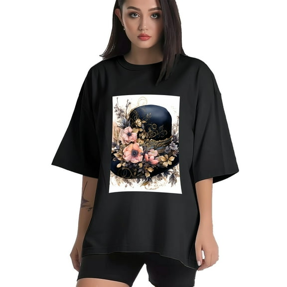 Plus Size Shirt for Women Black Tops for Women Short Sleeves Shirt for Women Opulent Romantic Hat T Shirt Crewneck Shirt for Women XS