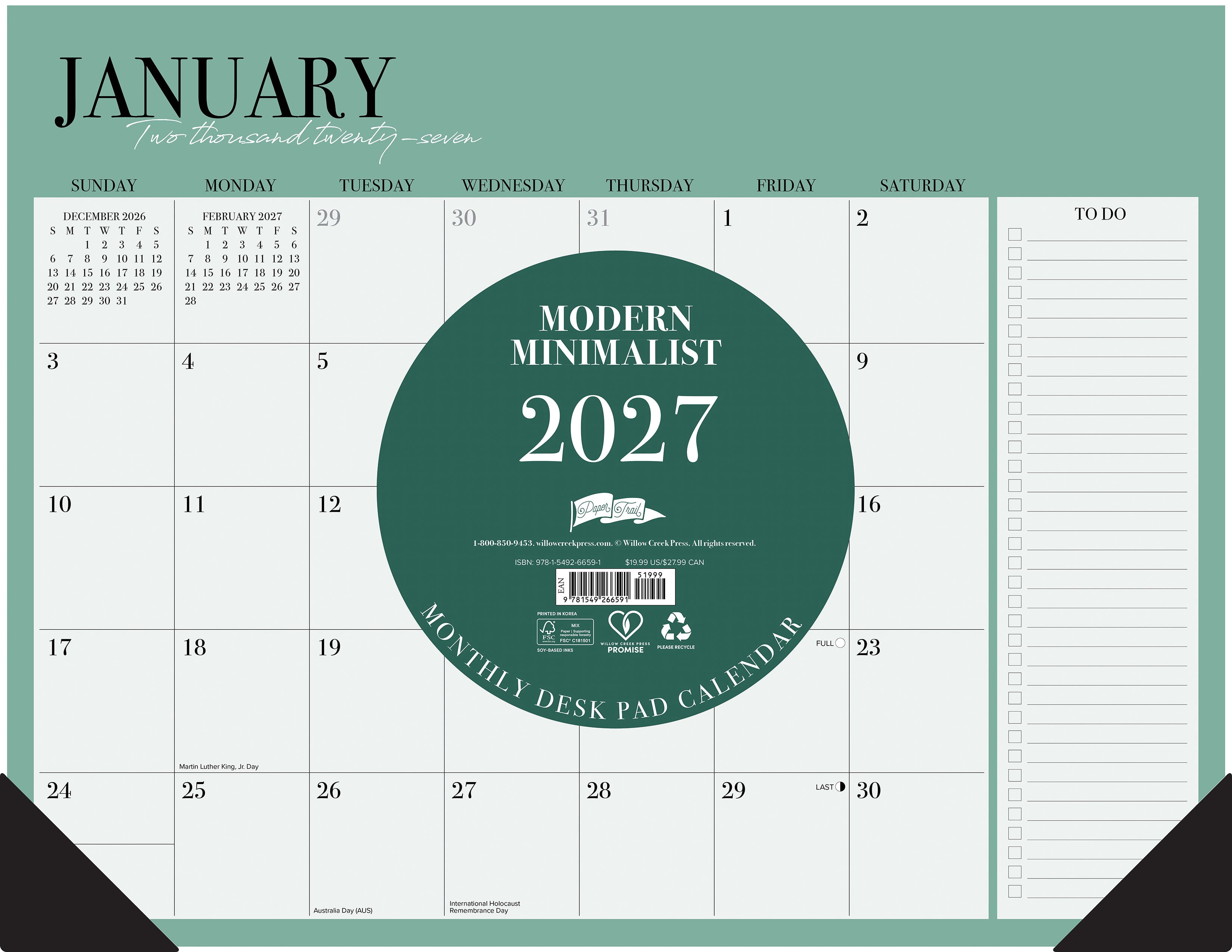 Willow Creek Press Modern Minimalist 2027 22" x 17" Large Monthly Deskpad (66591)