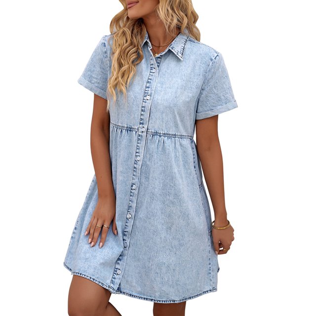 Txlixc Vestido de vaquero de verano femenino, solapa de color sólido Txlixc moda
