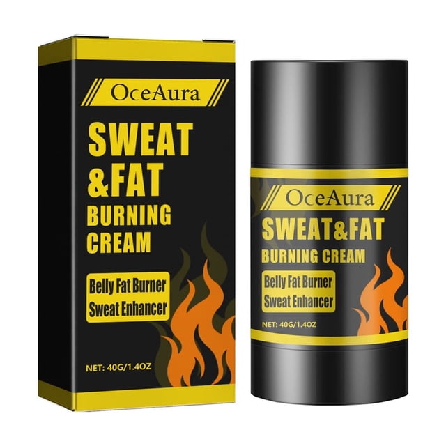crema para quemar el sudor, para bajar de peso, potenciador del entrenamiento, gel caliente para el vientre/celulitis, crema para el abdomen, para mujeres y hombres Frontal view of black-and-yellow OceAura boxed packaging and matching cylindrical jar labeled "SWEAT & FAT BURNING CREAM" with flame graphics; bold yellow lettering, net 40g/1.4oz, label shows "Belly Fat Burner" and "Sweat Enhancer." Suitable for use on abdomen, waist, legs and arms and often used as a warming massage cream after exercise.