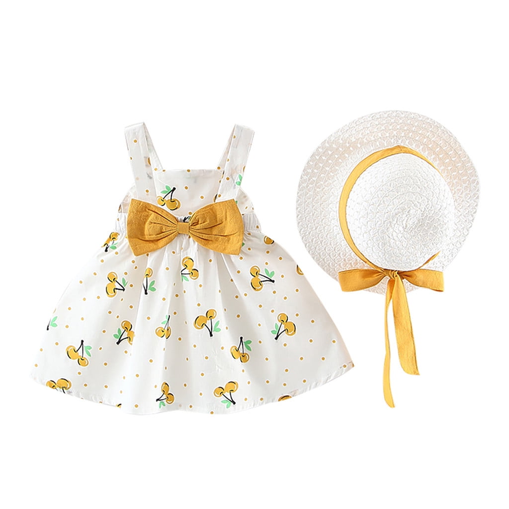 Toddler Baby Kids Girls Sleeveless Fruit Print Princess Dresses Bow Hat Outfits