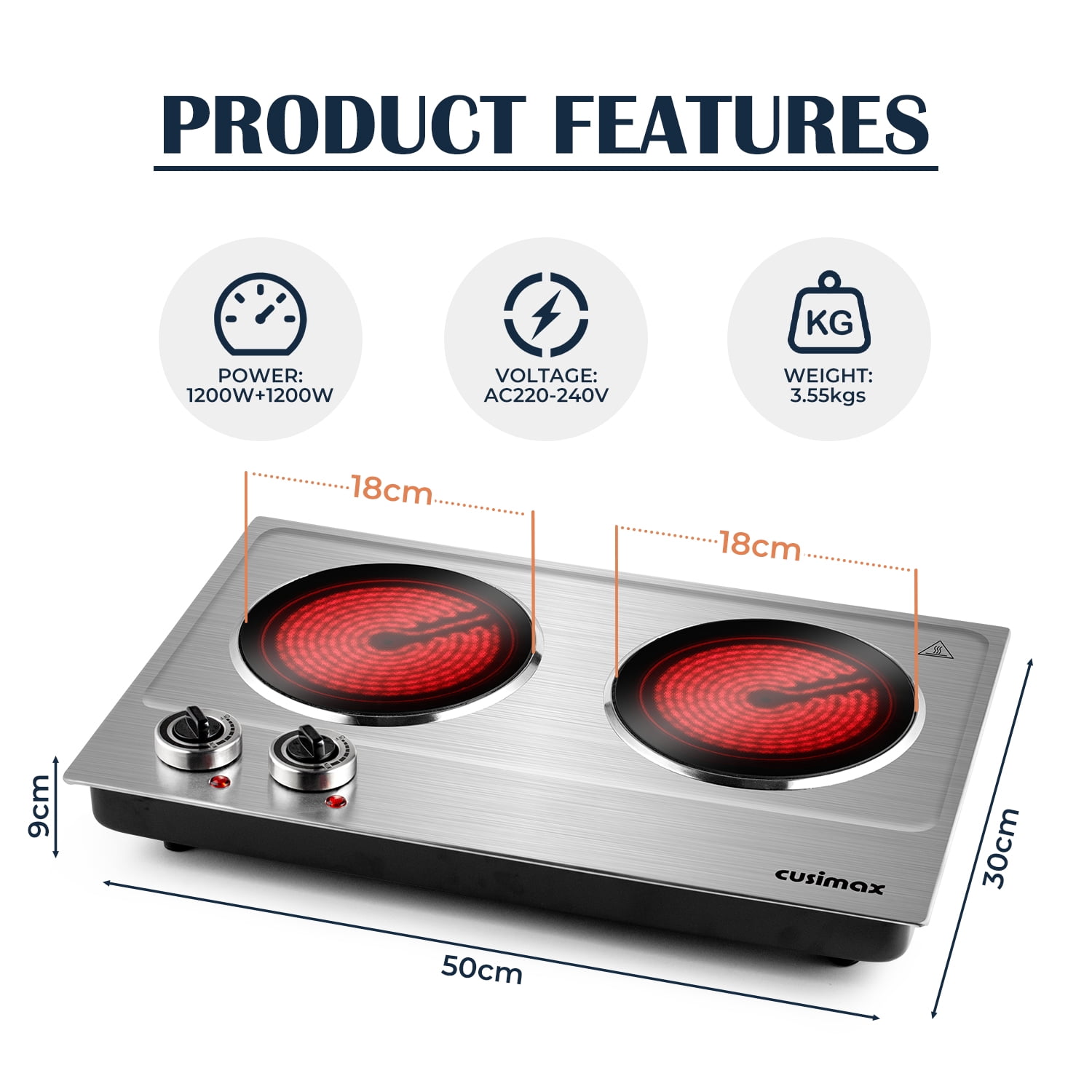 Double Hot Plate, CUSIMAX 1800W Portable Ceramic – Dual Infrared Cooktop with Independent Controls, Stainless Steel & Glass Electric Burner for Countertop Cooking, Upgraded Silver Design