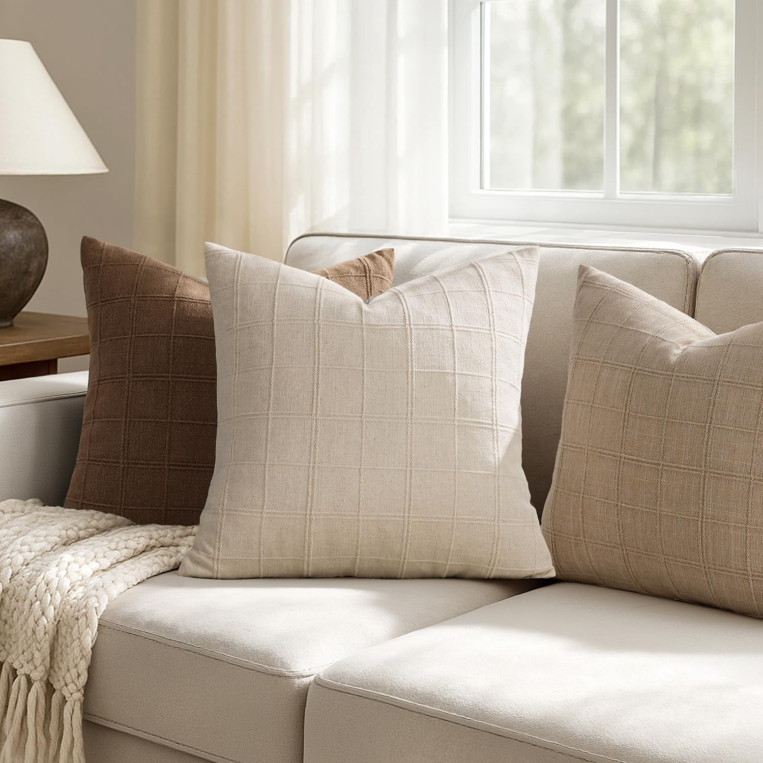 Linen Check Throw Pillow Covers Set of 2 - Natural Beige Farmhouse Modern Boho Vintage Decorative Cushion Covers for Sofa Couch Bedroom Living Room Decor（no pillow inset）