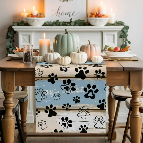 Dog Paw Cat Paw Cotton Linen Table Runner, Washable Table Runners for Kitchen, Dining Room, Holiday, Home Party Table Decor, 13x48 Inches