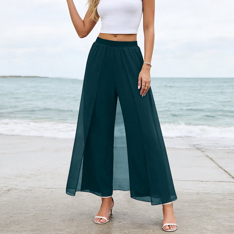 YUGYXL Women's Wide Leg Chiffon Dress Pant Elegant Party High Elastic Waist Palazzo Casual Flowy Dressy Business Trousers Green Pants XL