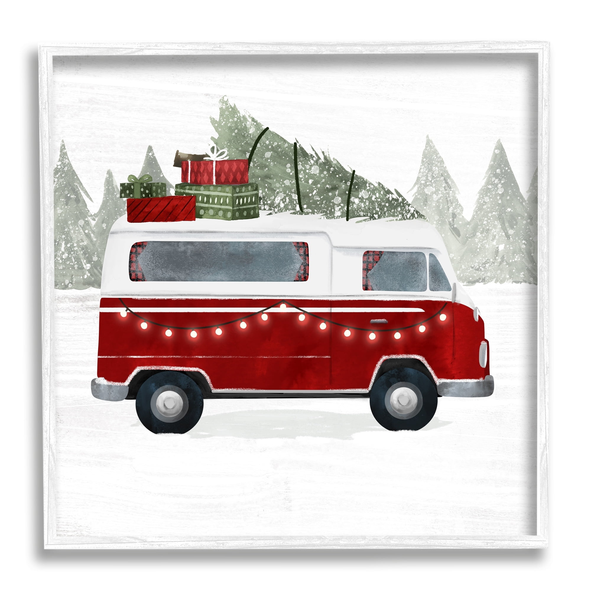 Red Van Holiday Lights Carrying Christmas Presents Transportation Painting Framed Art Print Wall Art