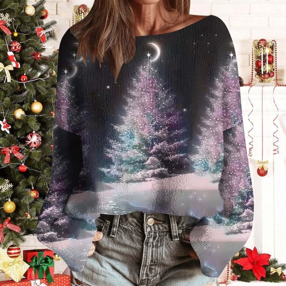 Uootdi Christmas Sweaters for Women Vintage Christmas Tree Xmas Print Long Sleeve Knit Sweaters Holiday Pullover Artful Cozy Sweaters Gift