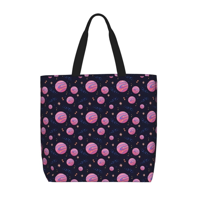 Fotbe Pink Planets And Stars Bolsa Tote con Estampado para Mujer, Bolsos con Cremallera, Bolsa de Hombro Casual de Gran Capacidad con Bolsillos Internos