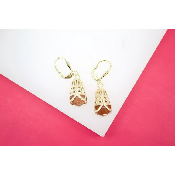 18K Gold Filled Designed Brown Aventurine Stone Earrings (L161)