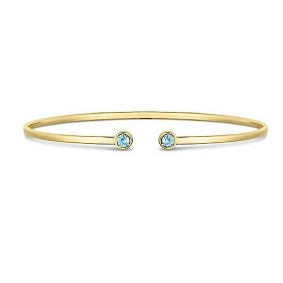 JewelStop 14K Yellow Gold 3mm Round Blue Topaz Open Cuff Bangle with Polished Finish - 3.2gr