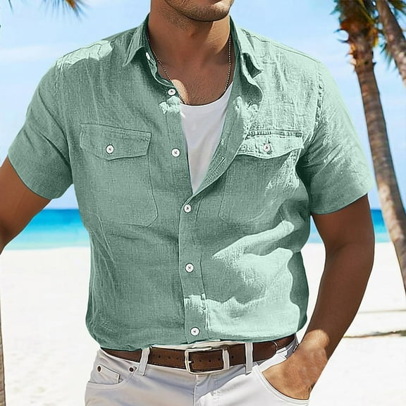Zylanna Men's Casual Button Down Shirts, Turndown Collar Short Sleeve Loose and Comfort Breathable Summer Shirts for Men Green Size 2XL