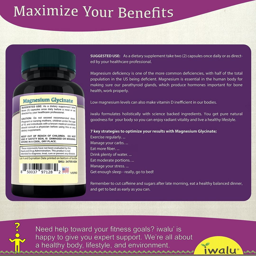iwalu Magnesium Glycinate | Relaxation & Sleep Support | Calming - Helps Reduce Stress - Supports Muscle, Bone & Joint Health | Pure Bioavailable Potent - 90 Count | NSF Certified & USA Made